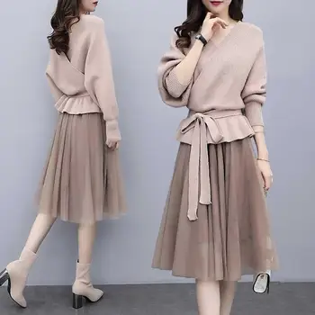

Spring Elegant Sweater Pullover Midi Skirt 2 Piece Set Women Knitted Dress Elastic Waist Loose Sweater Suit