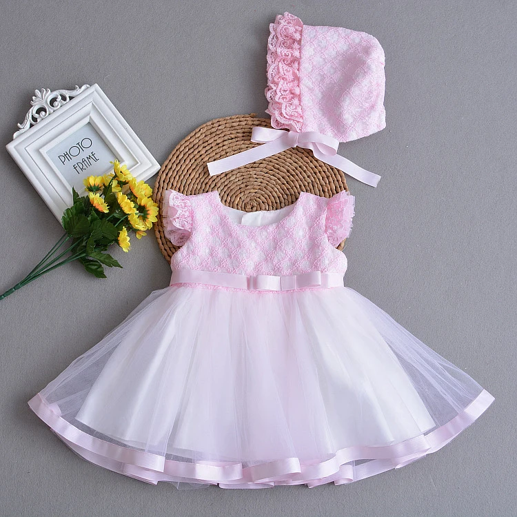 Платье для крещения для маленьких девочек; розовое платье на день рождения для девочек; детская одежда с чепчиком; платье с цветочным узором для свадебной вечеринки
