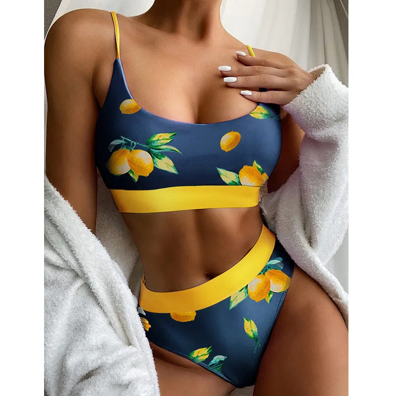 Rinabe-Bikini con estampado de limón para mujer, traje de baño con estampado de limón, conjunto de Bikini de cintura alta, bañador Sexy de Color sólido para playa 2021