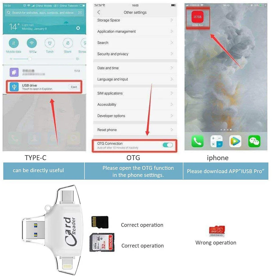 Сверхзвуковой кард ридер 4 в 1 Micro SD для iPhone iPad Android Macbook tf карта с USB Type C игровая