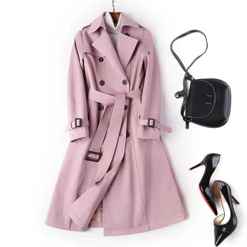 Женский плащ хаки Пальто двубортное с поясом ветровка Элегантная Женская Длинная тонкая деловая верхняя одежда M251 - Цвет: Pink