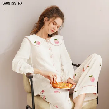 

Autumn Pajamas Women Lace Cotton Princess Nightwear Long Sleeve Turn-down Collar Shirts Long Pants Embroidered Pajama Set