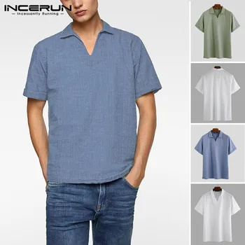 

INCERUN 2020 Summer Men Casual Shirt Cotton Lapel Loose Street High Quality Solid Camisas Short Sleeve Vintage Shirts Men S-5XL