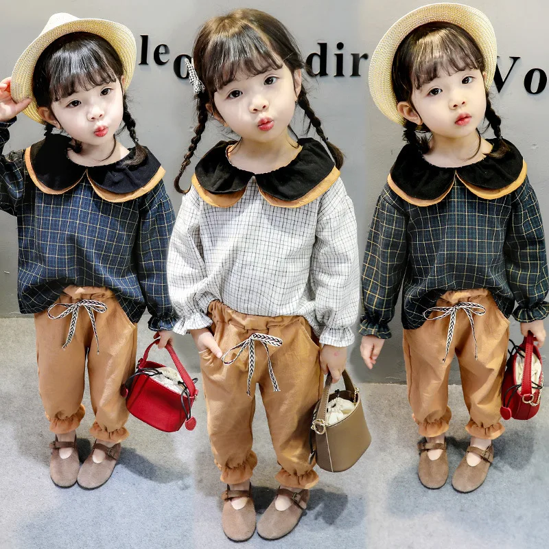 

New Spring Dress Double Collar Plaid Casual Suit For Girls Korean Version Of Two Sets For Girls And Babies