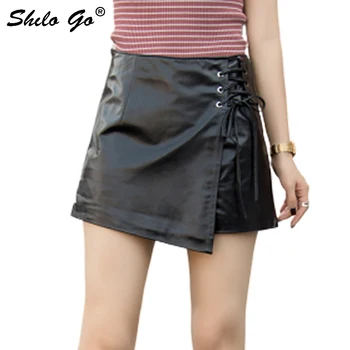 

Genuine Leather Skirt Office Lady Lace Up Side Asymmetry Short Skirts Women Autumn Black High Waist Workwear A Line Safety Skirt