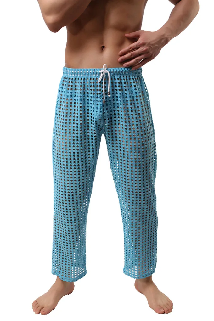 Men's Fashion Sexy Transparent Mesh Pants Drawstring Breathable Trousers Fashion Loose Casual Pajama Pants