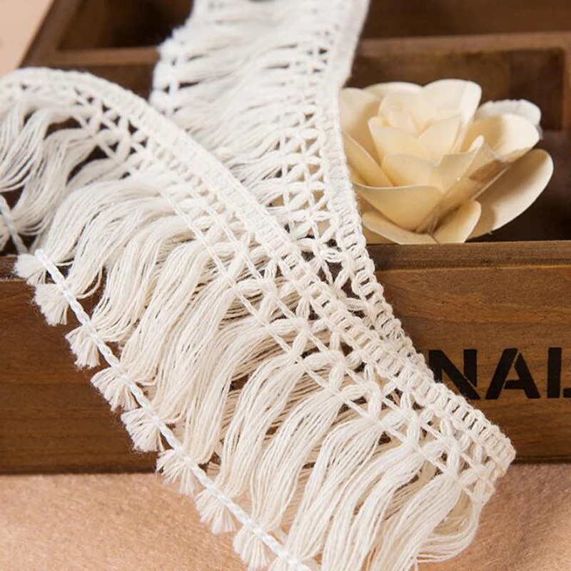 Hot Sale 50 Yards Cotton Beige Tassel Lace Dangling Fringe Lace Trims For DIY Sewing Craft 6cm Width