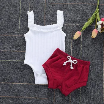 

Baby girl cotton clothes Infant Summer Knitted Outfits Button Halter Romper Ruffle Shorts 2Pcs baby outfits детские вещи #2