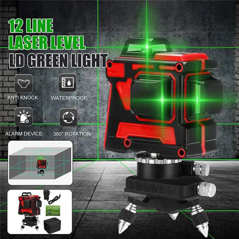 

12 Lines 3D Laser Level Levels Auto Self Leveling 360 Rotary Measure Horizontal Vertical Cross LED Display Powerful Green Laser