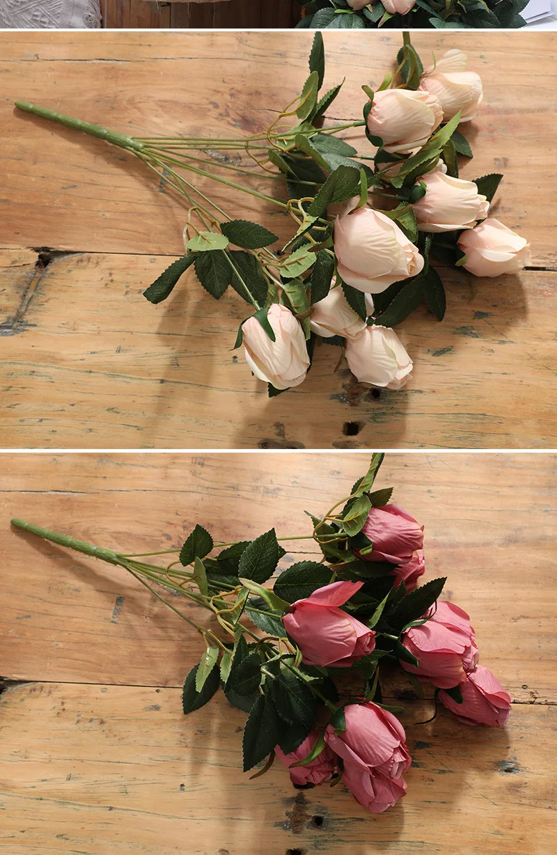 JAROWN Artificial Flower 9 Head Rose Bouquet Continental Retro Fake Flower Wedding Home Decoration Bouquet Rose Bud Flores (8)