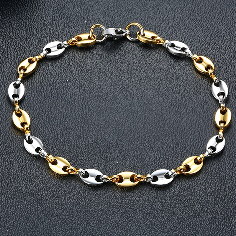 Очаровательный браслет-цепочка из кофейных зерен золотого и серебряного цветов, браслет из нержавеющей стали 7,7 дюйма