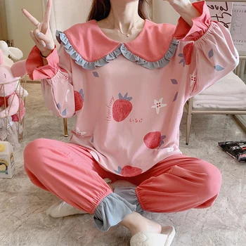 

Women Sleepwear Loose Version Pajamas Col Claudine Cotton Spring Fall Pyjamas Plus Size XXL Pullover Cartoon Nighty