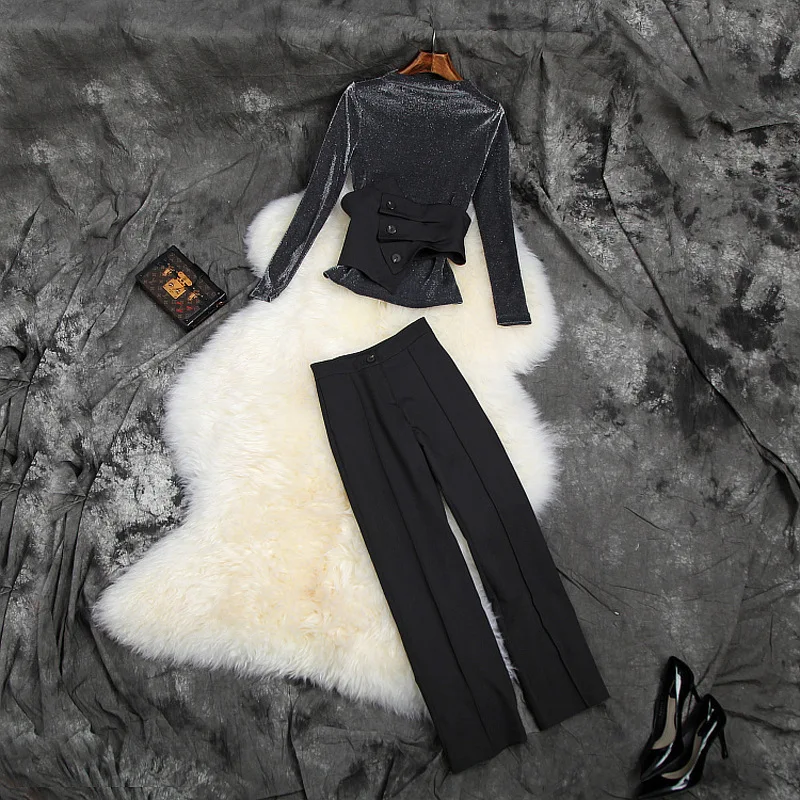 

New 2019 autumn women sexy lurex t-shirts bling bling tops wide belt + black pant suit fashion sheath club wear two piece set