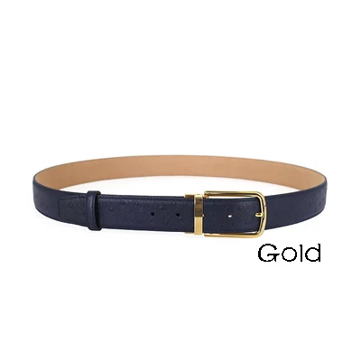 Blue-Gold Мужские ремни с пряжкой из натуральной кожи высшего класса, деловой ремень с узором страуса, двусторонний ремень из коровьей кожи, модный пояс - Цвет: Blue-Gold