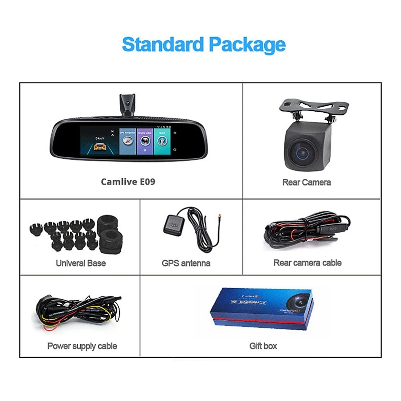Camlive E09N Auto Dash Kamera 8 zoll 4G ADAS Dual Cams Auto Spiegel Recorder HD1080P GPS Navi Bluet