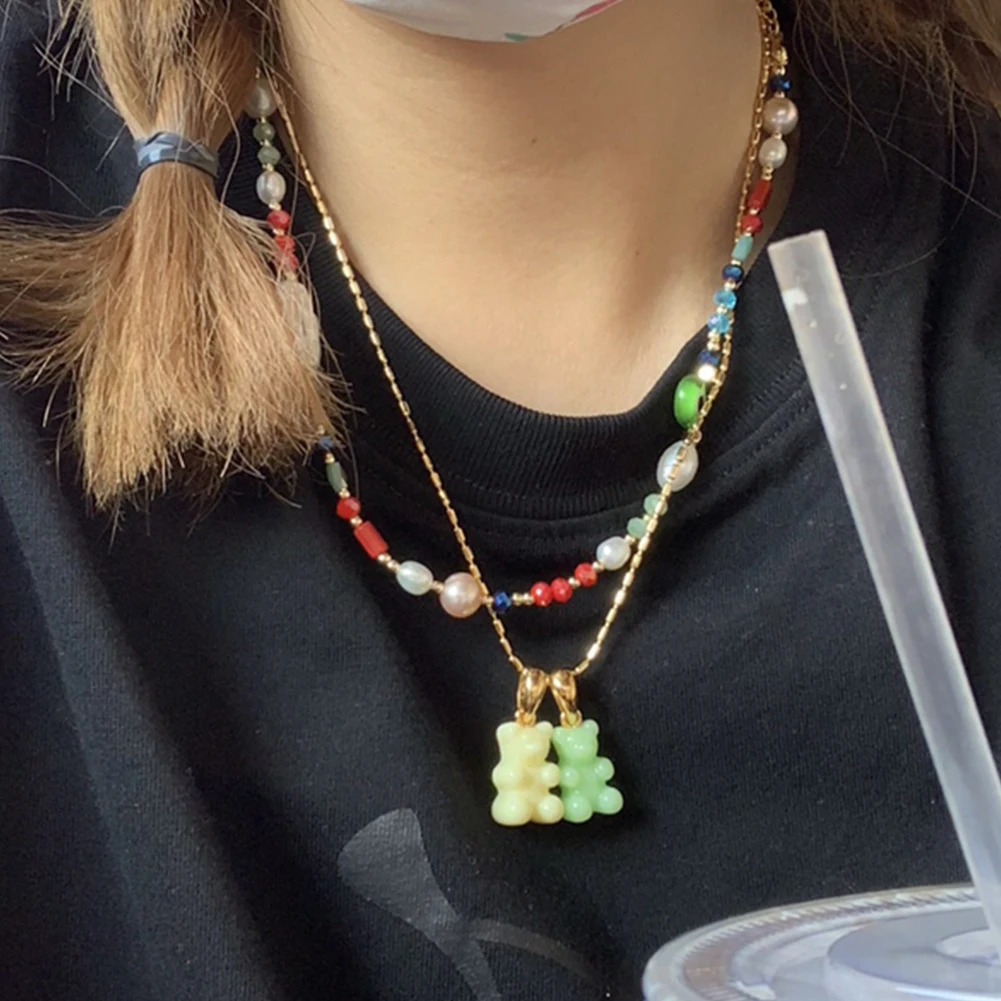 2021 Candy Color Gummy Bear Resin Pendant Necklace for Women Simple Golden Metal Chain Necklace Female Fashion Jewelry Gifts