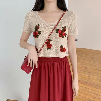 

High Waist Skirt Sets Women Autumn Vintage Korean Embroidery Knit Top + Elastic Waist Real Shot Red Short Sleeve Top Long Skirts