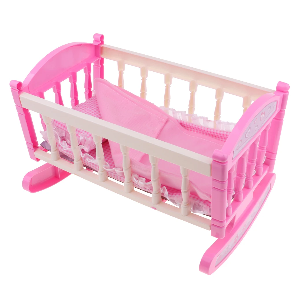 Pink Rocking Bed for Dolls | Baby Doll Cradle Toy Furniture and Play Accessories | Fits 9-12inch Reborn Dolls