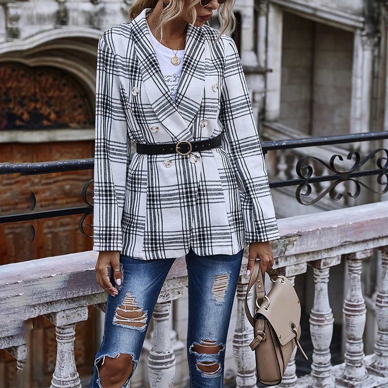 

Plaid Striped Women Work Blazer Jacket Casual Double-breasted Sashes Suit Jacket Female 2020 Slim Female Blazer Outwear