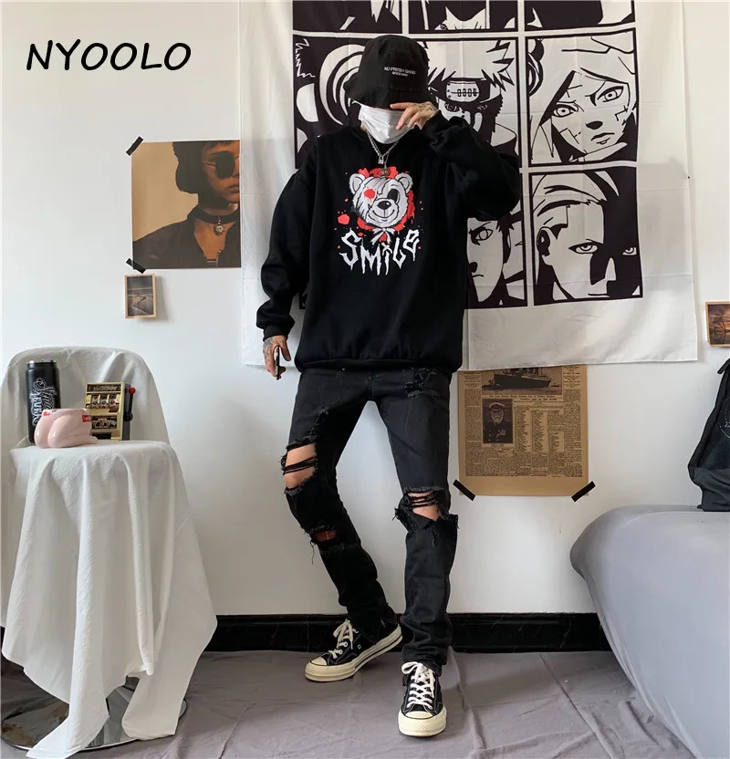 NYOOLO, Ретро стиль, травмированная улыбка, медведь, с буквенным принтом, теплая толстовка, Осень-зима, длинный рукав, Круглый ворот, пуловеры, толстовка, женская, мужская одежда