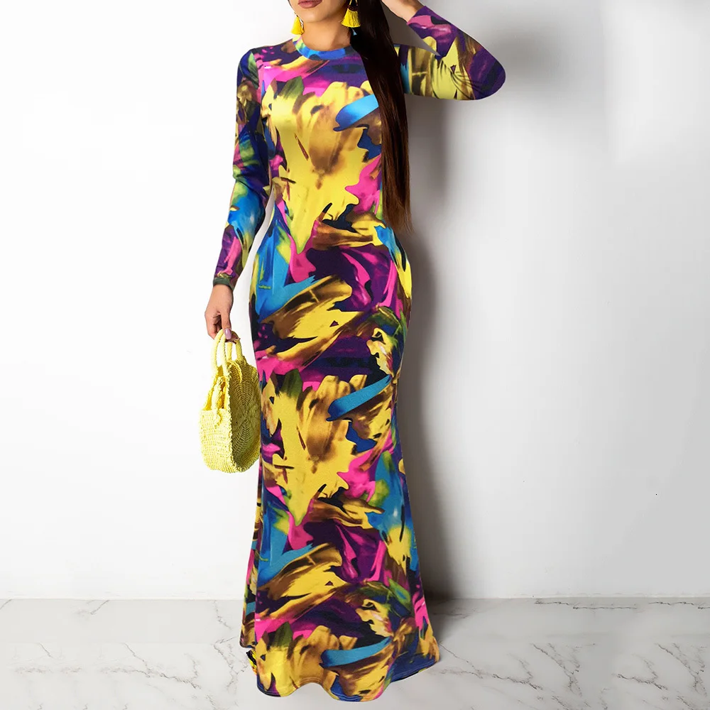 

2019 Autumn Long Sleeve Color Block Pattern Print Dress Bodycon Floor Length Stretch Plus Size Tight Party Club Long Maxi Dress