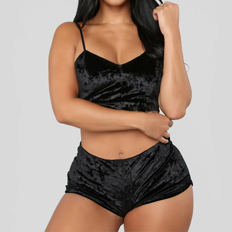Fashion Women 2pcs Velvet Sleepwear Sexy Spaghetti Strap Shorts Pajama Set Ladies Female Pajamas Party Sets | Женская одежда