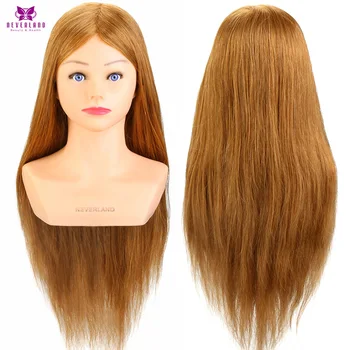 

Brown 24'' 100% Real Human Hair Training Head Blue Eyes Hairstyles Head Model Wig With Shoulders Hairdressing Doll Mannequin