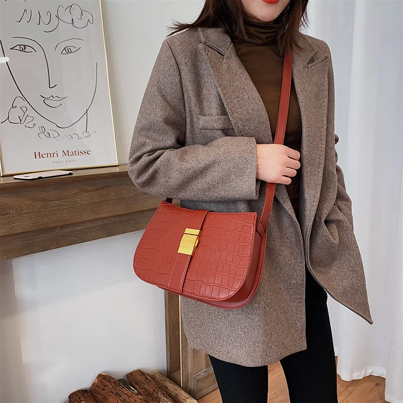 

WOMEN'S Bag New Style 2019 Korean-style Simple Versatile Shoulder Bag Hong Kong Style Retro Shoulder Bag Stone Pattern Medieval