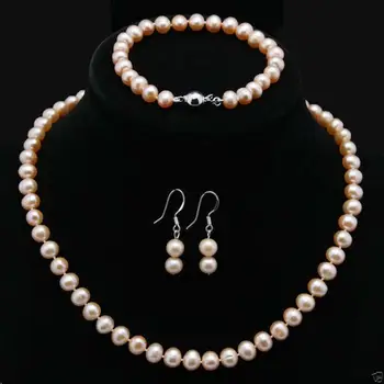 

7-8mm Pink Akoya Cultured Pearl Necklace Bracelet Earrings Jewelry Set PN593