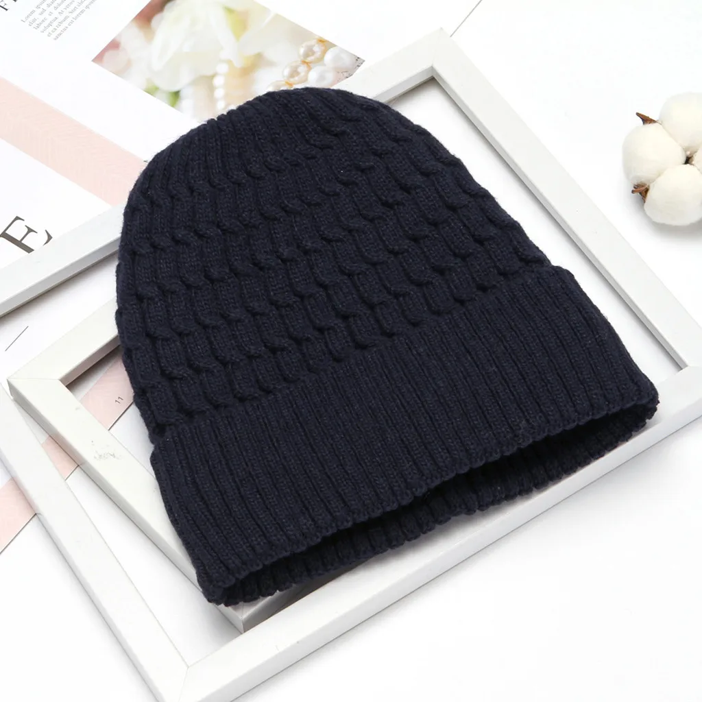 Women Autumn Winter Knitted Wool Hat Women Casual Beanie Cap Solid Color Thick Warm Winter Hats#3