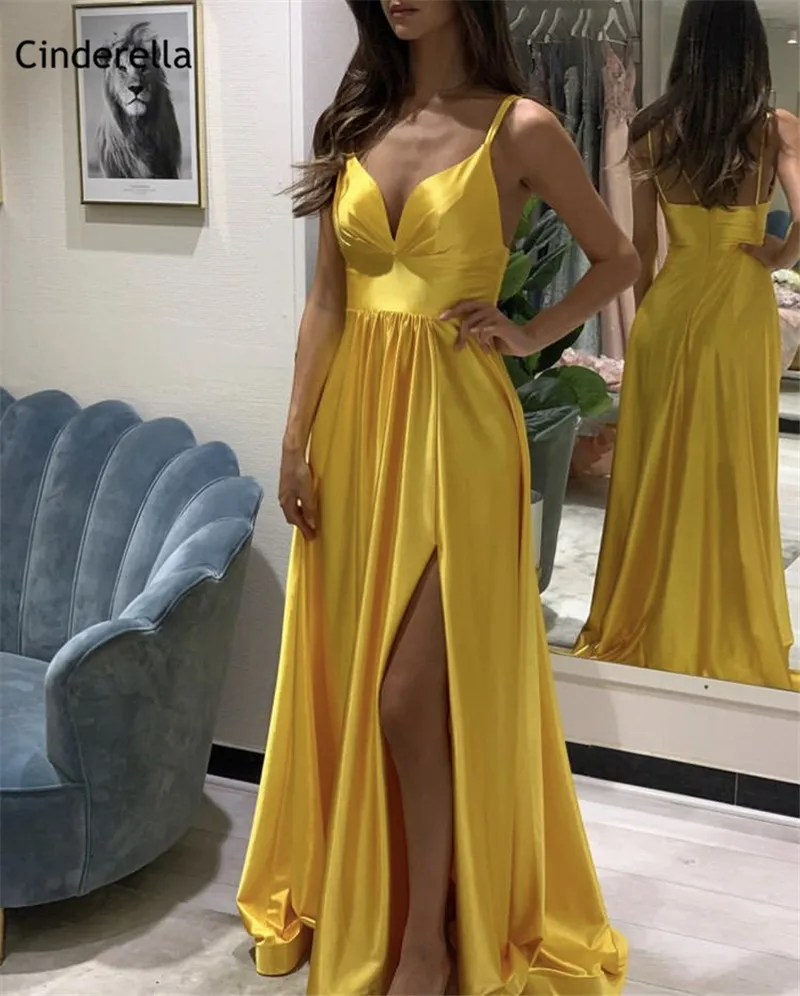 

Cinderella Sexy V-Neck Spaghetti Straps Silk Satin A-Line Zipper Back Sweep Train Evening Dresses vestidos de fiesta de noche