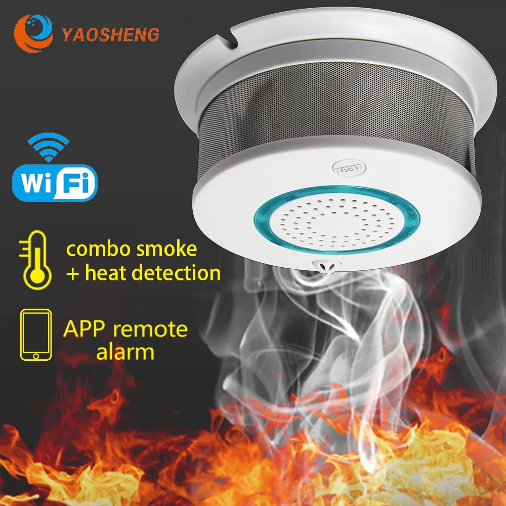 WiFi humo + Detector de calor independiente alarma inalámbrico protección Sensor de humo de equipo de fuego inteligente aplicación de Control