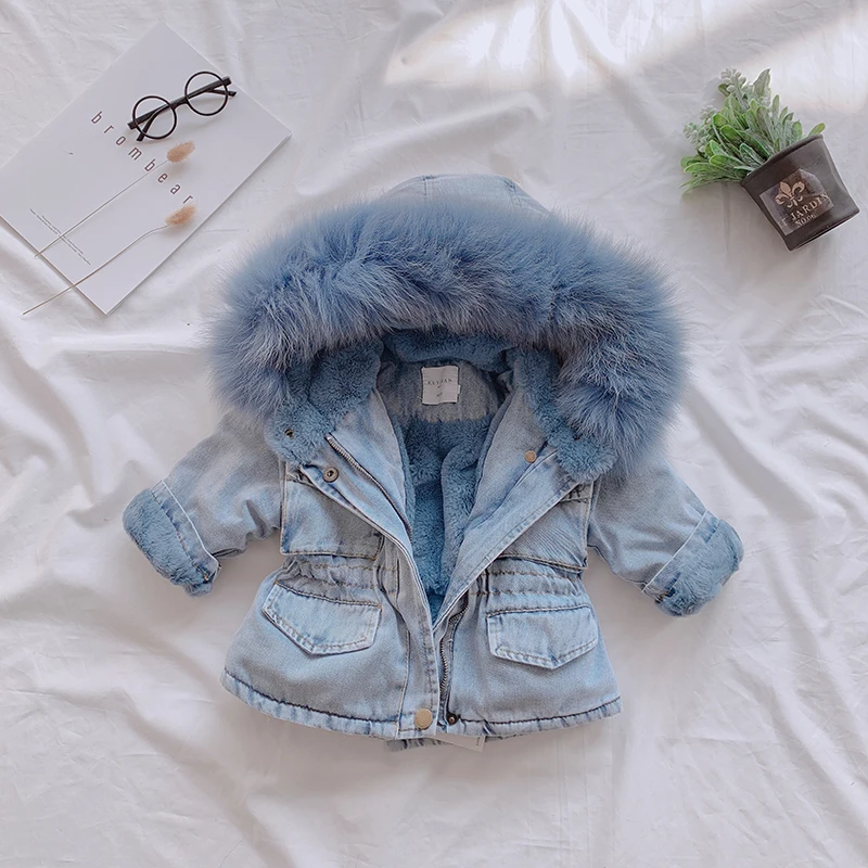 Olekid 2019 зима для маленьких девочек, джинсовая куртка с плюшевой подкладкой из натурального меха, теплая верхняя одежда для девочек
