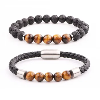 Jaravvi High Quality New Design Stainless Steel Clasp Natural Stone Genuine Leather Bacelet Set Men