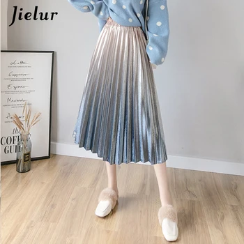 

Jielur Winter Gradient Color Pleated Skirt Female Korean Fashion Pleuche Women Skirts High Waist Elegant Retro Long Faldas S-XL
