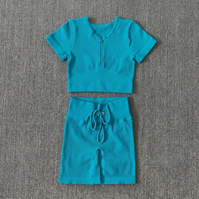 Seamless Women Yoga Set Workout Sportswear Gym Clothing Zipper Long Sleeve High Waist Leggings Fitness Bra Athletic Sports Suits LightBlue