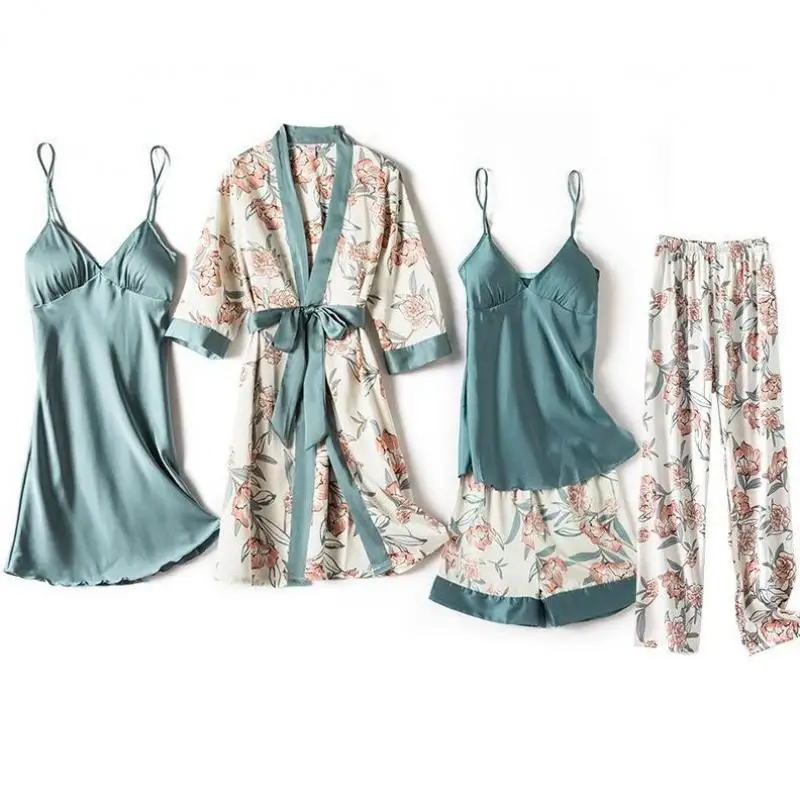 Blue Sleep Set Intimate Lingerie Sexy Nighty&Robe Suit New Women Kimono Bathrobe Gown Satin Print Flower Sleepwear Homewear women sleepwear