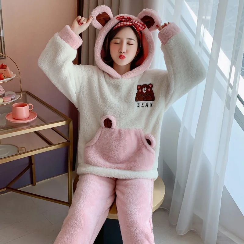 

Coral Velvet Pajamas Women's Autumn & Winter Korean-style Cute Hooded Bear Set Thick Flannel-Outer Wear Tracksuit