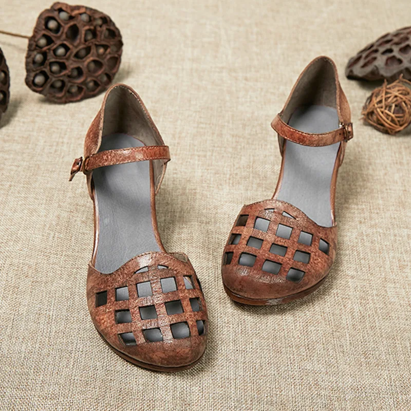 

Genuine Leather Hollow out WOMEN'S Sandals 2019 Spring And Summer New Style Closed-toe Vintage Chunky-Heel WOMEN'S Cow Leather S