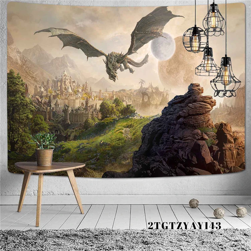 Ancient Castle Dragon Tapestry Wall 3D Celestial Tapestry Landscape Gothic Decor Room Decoration Hanging Wall Tapestries Blanket
