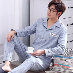 Autumn Winter Men Pajamas Set Turn-down Collar Long Sleeve Trousers Sleepwear Leisure Pyjama Night Pijamas Home Wear 3X