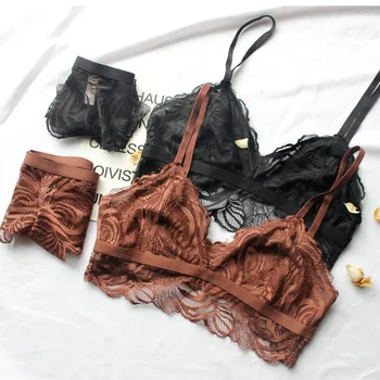 

Sexy Lace Bralette Set Underwear Unlined Transparent Ultra Thin Wireless Bra and Panties Sets Women Lingerie