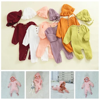 

6 Colors Baby Rompers Girl Romper+Hat 2pcs Autumn Spring Long Sleeve Infant Jumpsuit Cotton Toddler Rompers Kids Jumpsuits