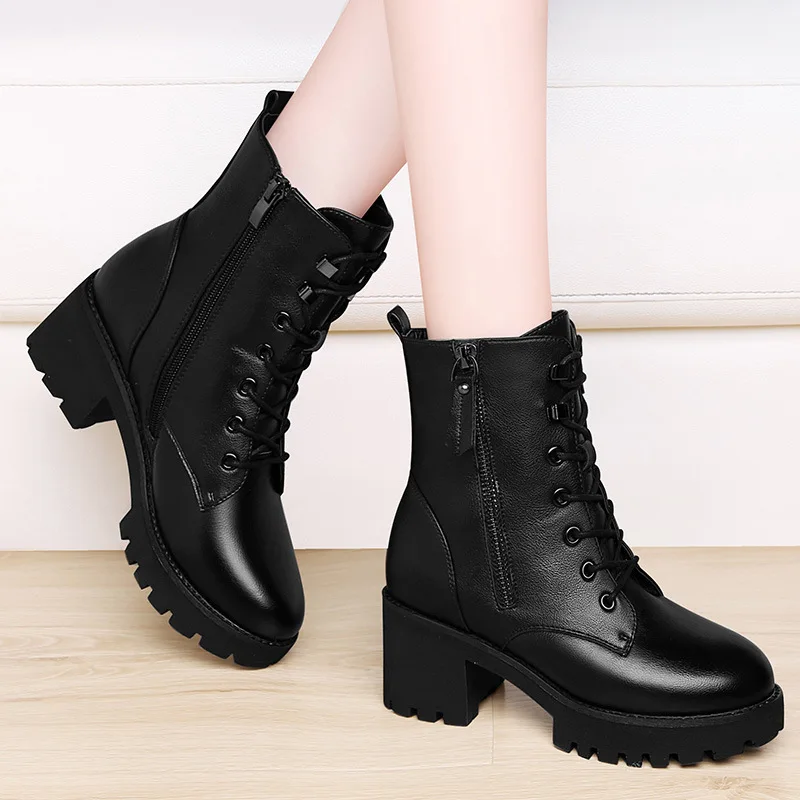 

Centennial Middle Boots Women's 2019 Autumn And Winter New Style Thick with High Heels Genuine Leather Martin Boots British Styl