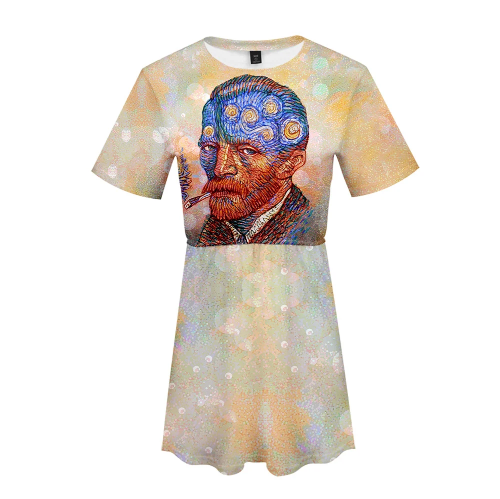 Summer Women Dress 2019 Vintage  Tunic Beach Dress World famous painting art Sundress Pocket 3D print Dress  Female