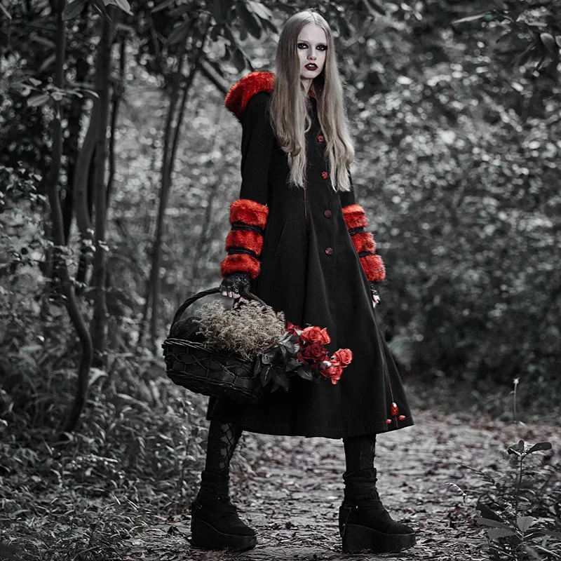 PUNK RAVE Lolita Forward Reverse Two-Wear Detachable Fur Woolen Coat Hooded Long Jackets Hat Overcoats Autumn Winter Gothic | Женская