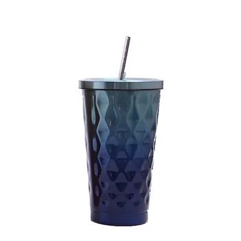 

LOGO customized Stainless Steel Tumbler with Straw Hot Cold Double Wall Drinking Cups Coffee Mugs 500ml Irregular Diamond Lid