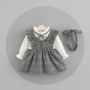 

3pcs suit set little Girls Dress 2020 spring Newborn Clothes Lattice Kids Toddler baby dress for girl princess Cotton Dresses