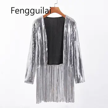 

FENGGUILAI Casual Long Sleeve Jackets Women Fashion Open Stitch Thin Coats Women Elegant Solid Sequined Jackets Female Ladies