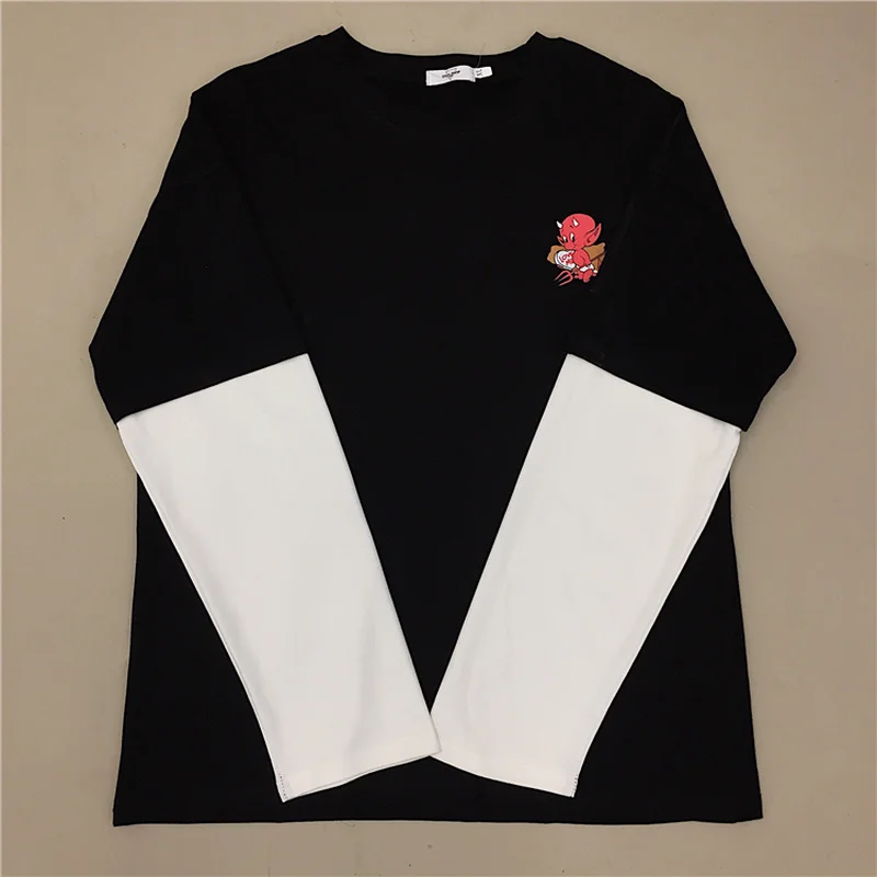 Поддельные рубашки из двух частей для женщин и мужчин с принтом маленького дьявола уличная хип-хоп с длинным рукавом пара Футболка Harajuku свободная футболка осень